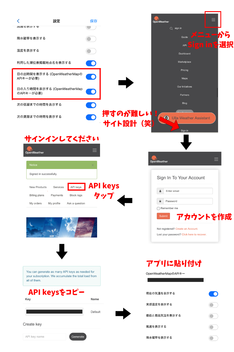 OpenWeatherMapのAPIキー取得方法と潮汐時間の設定