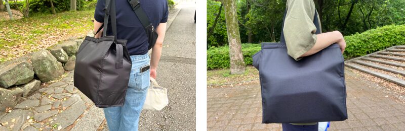 男性と女性が無印買い物バッグを持つ