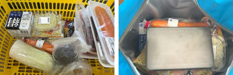 実際の買い物時の荷物とバッグに入れた様子