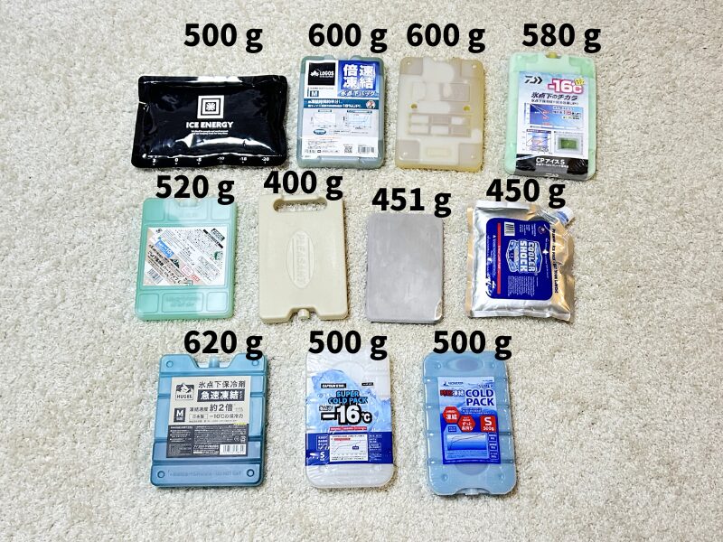 保冷力テストに使用した保冷剤と重量