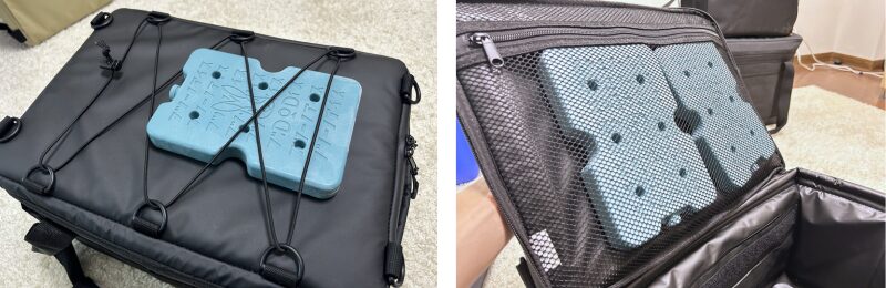 上面の固定紐、フタ裏のメッシュポケット