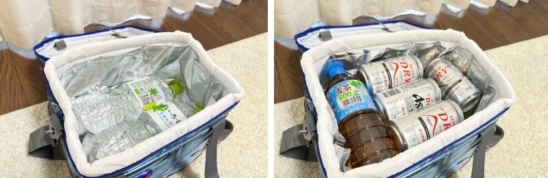 2L、500mLペットボトル、缶ビールを入れている
